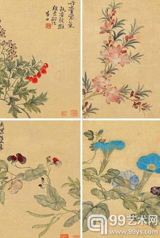恽寿平 写生花卉册  尺寸 24×21cm×4  