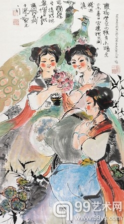 程十发 赏花少女图 105×55cm