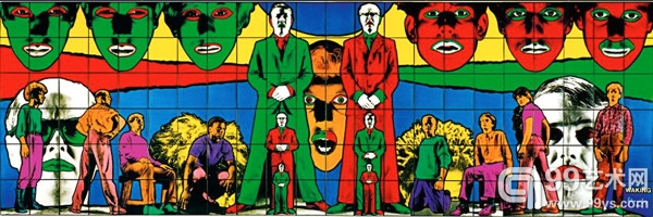 吉尔伯特和乔治二人组于1984年创作的照相写实风格的仿彩色玻璃壁画——《醒着》（Waking）
