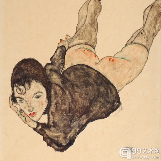 埃贡·席勒（Egon Schiele）1916年水彩作品《斜躺的女人》