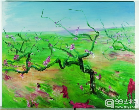 图3.9.1  周春芽  桃花盛开的季节2005作品2号  布上油画  200×250cm   2005年