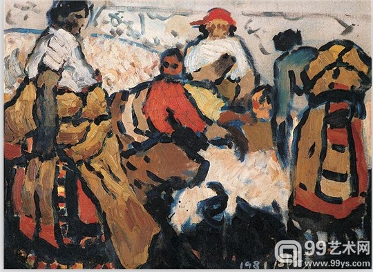  周春芽  《剪羊毛》色彩稿  纸板油画  38×52cm  1981年