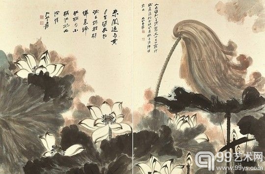 张大千立轴四幅重彩水墨画《荷塘野趣》