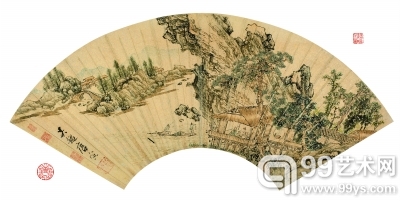 唐寅 江亭谈古图 扇面 设色金笺 19.7×56.5厘米