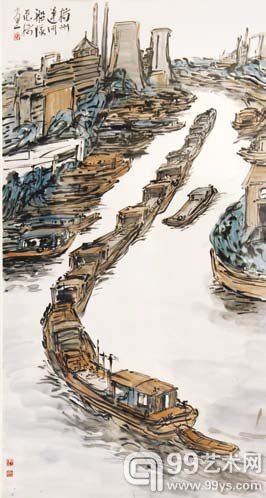 范扬 扬州运河船队 纸本设色 178×97cm