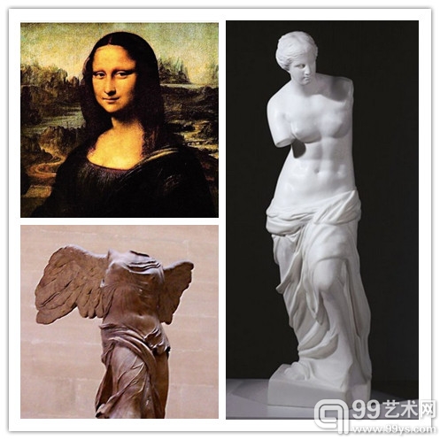 卢浮宫的重要展品：蒙娜丽莎（左上）、维纳斯（右）、胜利女神雕像（左下）