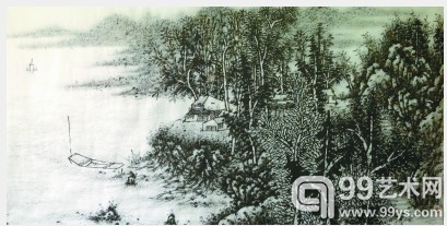     湖山半坡山居景（焦墨）