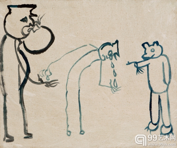 廖国核，无题（蓝线条吃-眼泪-枪），2013，布面丙烯，50x60cm