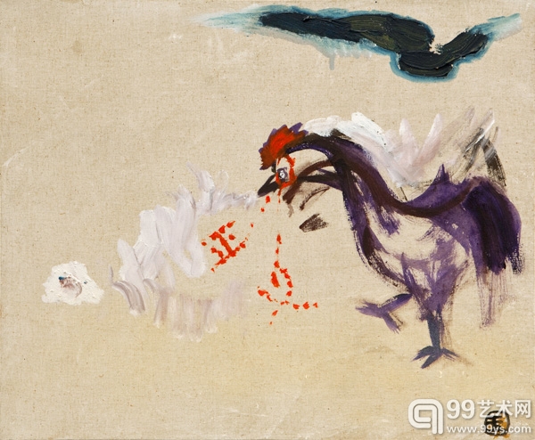 廖国核，正义（紫鸡红字），2013，布面丙烯，-50x60cm