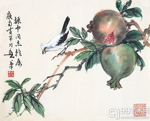 黄幻吾  白冠石榴图  镜片  设色纸本  34×42cm