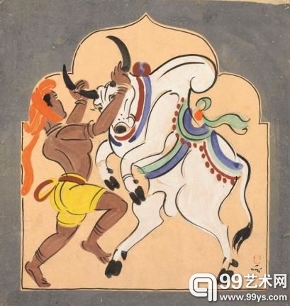 难陀婆薮（NandalalBose，1882-1966）1937创作的纸上蛋彩画《斗牛士》，估计可拍30000-50000美元。
