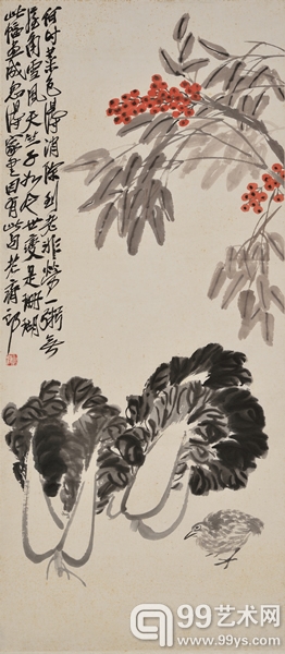 齐白石　《白菜鹌鹑天竺子》