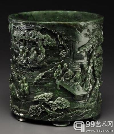 清乾隆 碧玉雕西园雅集图笔筒