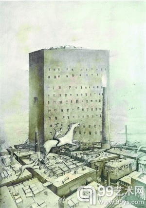 ② 《四方楼》 96.3cm×68cm 纸上铅笔 2012年