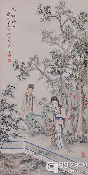 图3 【叶大荣 貂蝉拜月 67×34 纸本立轴】