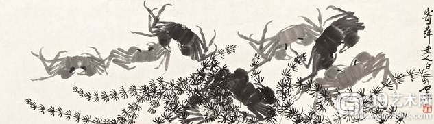 齐白石《八蟹图》，水墨纸本 镜框，34.5 x 120 公分，估价：150万至200万港元／19万2,000至25万6,000美元