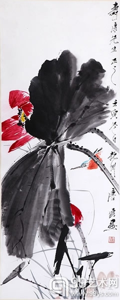 唐云 荷花翠鸟 102×40 cm 约3.7平尺 设色纸本 立轴 壬寅（1962年）作