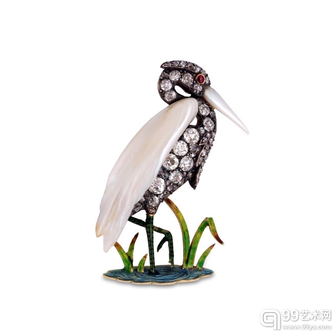 Garrard & Co. 鑲珍珠鑽石及琺瑯鷺胸針 (約1890年), Symbolic & Chase, 倫敦