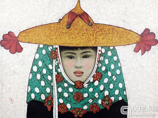 乔十光《戴斗笠的惠安女》，45×60cm，福建东南2013秋拍
