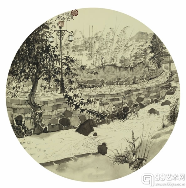 秦修平 査济写生-8  团扇镜片 直径42cm 2013