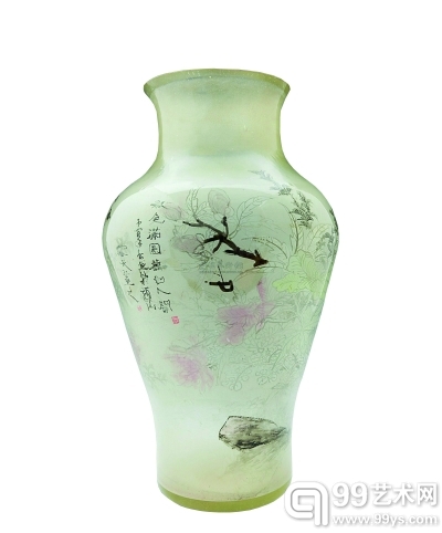 玻璃内画菊石花鸟纹花瓶