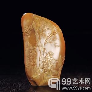 郭懋介作田黄石《溪山孤旅》薄意摆件 重：150g 福建东南2013秋拍