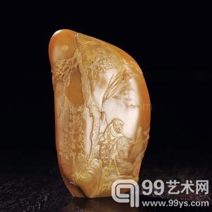 郭懋介作田黄石《溪山孤旅》薄意摆件  重150g