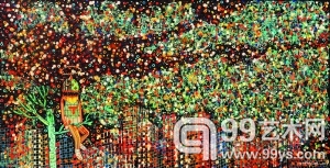 正在逵园举办的油画作品联展是由三个颇具潜力的青年艺术家的作品组成，梁曼勇是其中一位，这是他的作品《花花世界》。