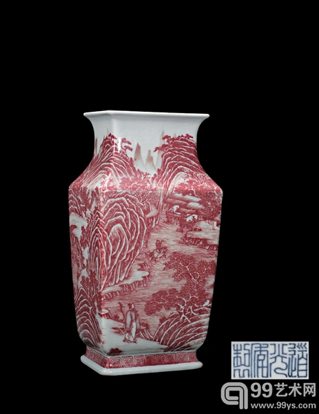 清道光 釉里红“渔樵耕读”纹方瓶 尺寸：高30.8cm