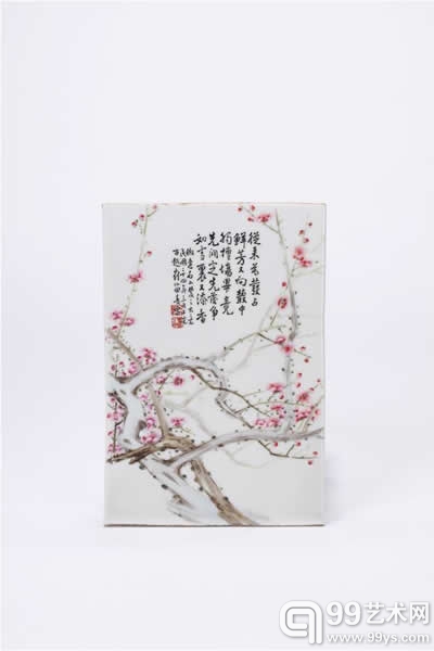 田鹤仙 粉彩山水梅花图瓷板