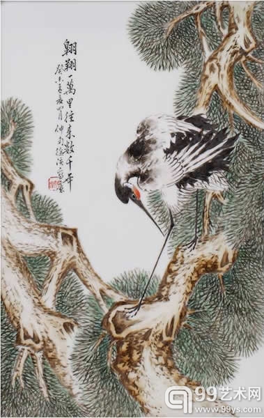徐仲南 粉彩《松鹤延年》图挂屏