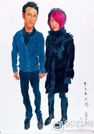 周春芽专门为女儿和女婿创作的画像《女儿和女婿》，2012年