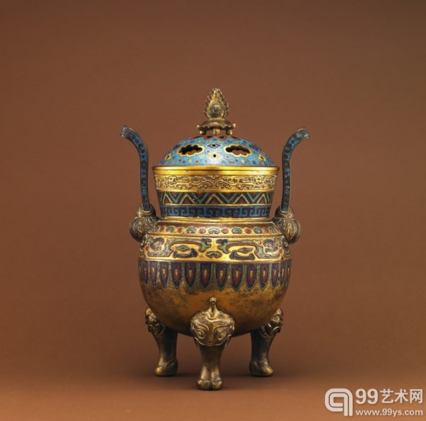 清早期, 铜胎掐丝珐琅缠枝莲纹鼎, H28cm