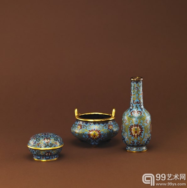 清乾隆, 铜胎掐丝珐琅炉瓶盒三式, 尺寸不一