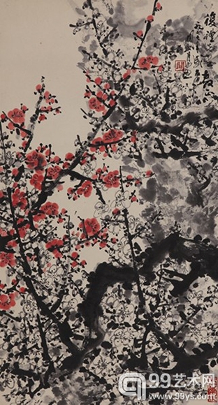 关山月  双色梅花 设色纸本 77×42cm 镜心