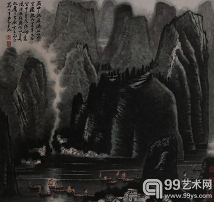 李可染 雨中泛舟 94×99×1 设色纸本 镜心