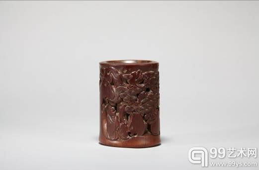 清早期 竹雕人物故事笔筒 径9.5cm高13.5cm “三松”款
