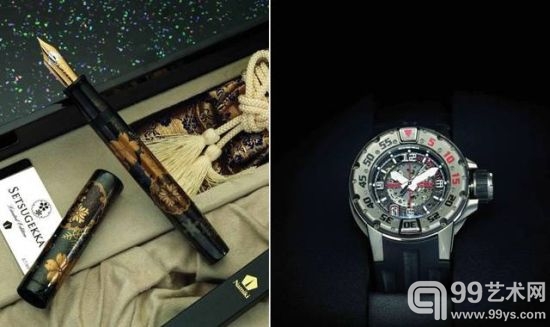 （左）Namiki 雪月花限量版99钢笔；Richard Mille 潜水表。