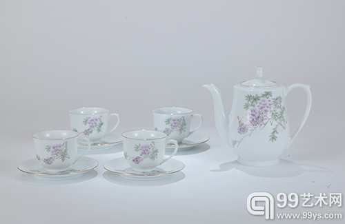 刘平 粉彩紫藤花叶图茶具一组（九头）杯高 5.0cm