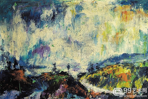 李青萍 山色 油彩 画布 签名：李青萍 创作年代：1980年代  42×63cm