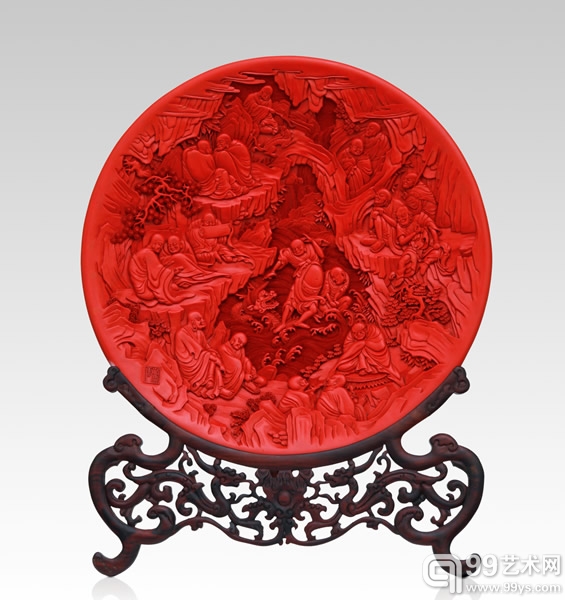 雕漆圆盘十八罗汉   直径40.5cm