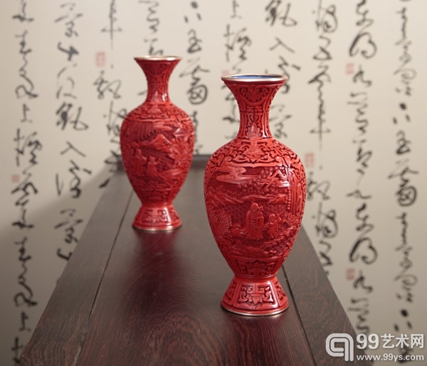 雕漆访友对瓶   16×16×30.5cm
