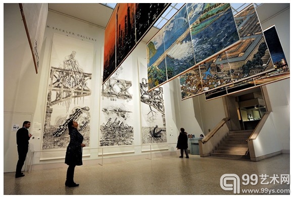 "30 Letters to Qiu Jiawa", three hanging scrolls (L) by Qiu Zhijie and "Crying Landscape", five tryptychs (R) by Yang Jiechang