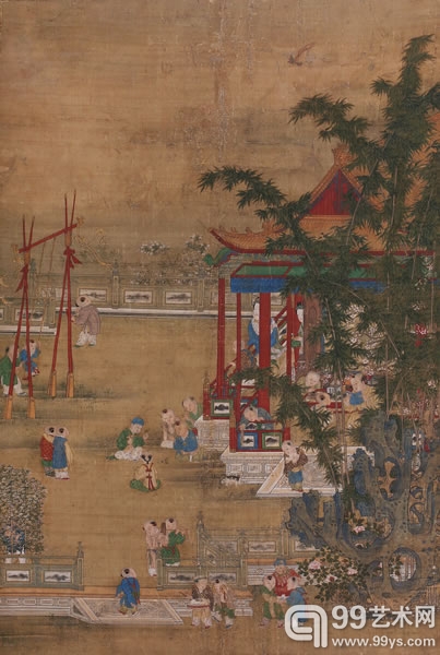 仇英  庭院婴戏图  绢本设色 立轴  157×103cm