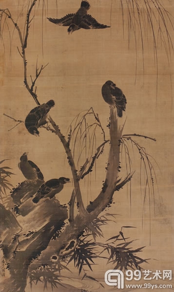 陈淳  花鸟  绢本水墨 立轴  116×70cm