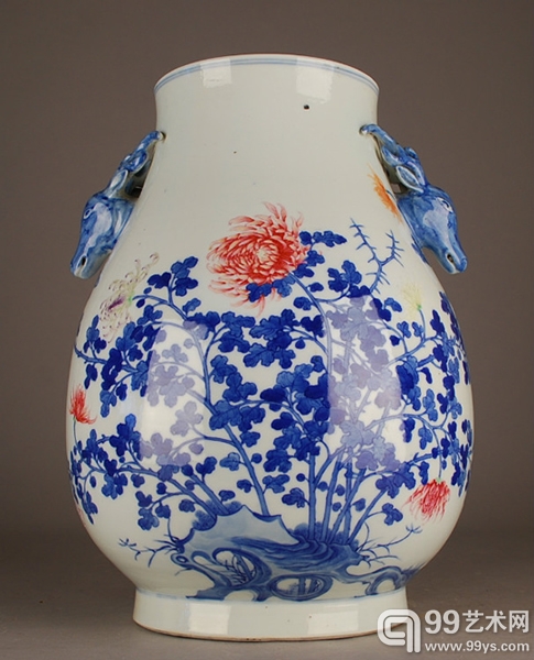 19世纪  青花加粉彩鹿头尊