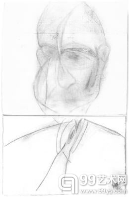 《米歇尔·莱利被折叠过的肖像》，纸上油彩及色粉，34.5cm x 22.5cm，1987。