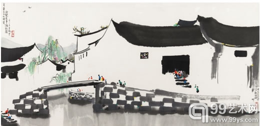 吴冠中  苏州园林　设色纸本　64×132cm