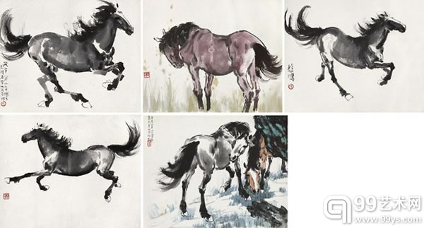 徐悲鸿 1939年作；1940年作 画马集 册页 （五开）	