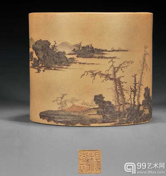 清雍正-乾隆 杨季初制段泥泥绘山水纹笔筒